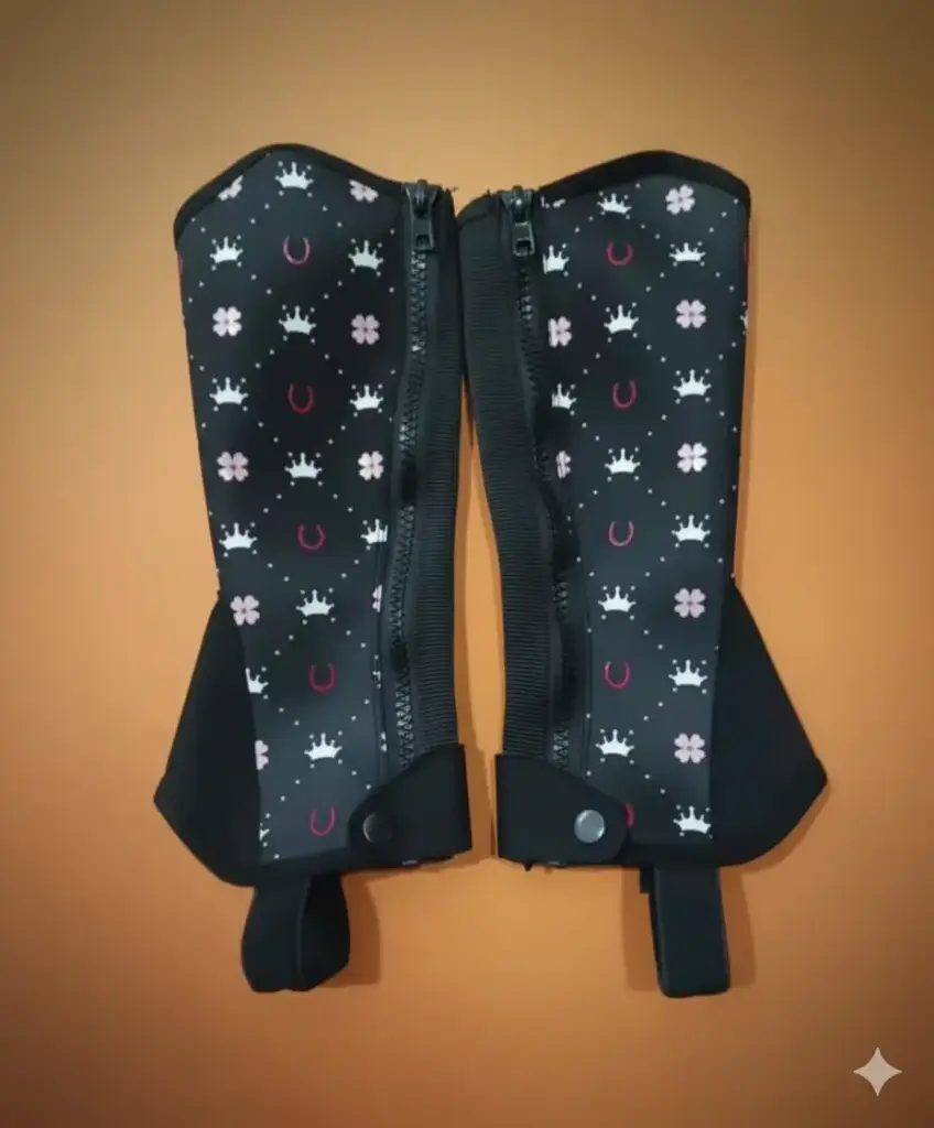 Kids Printed Riding Half Chaps – Black with Crown & Flower Design